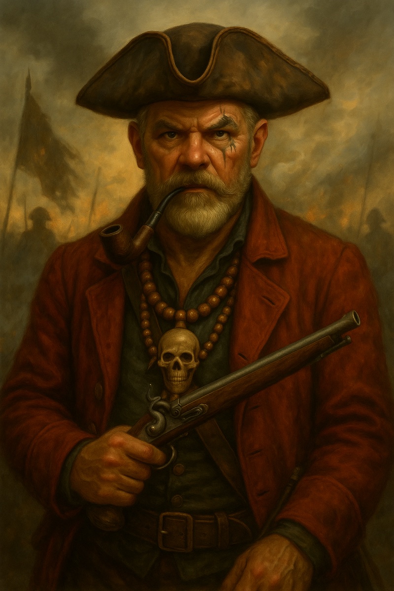 The Captain in campaign dress — tricorn, pipe, and pistol against a smoke-wreathed field
